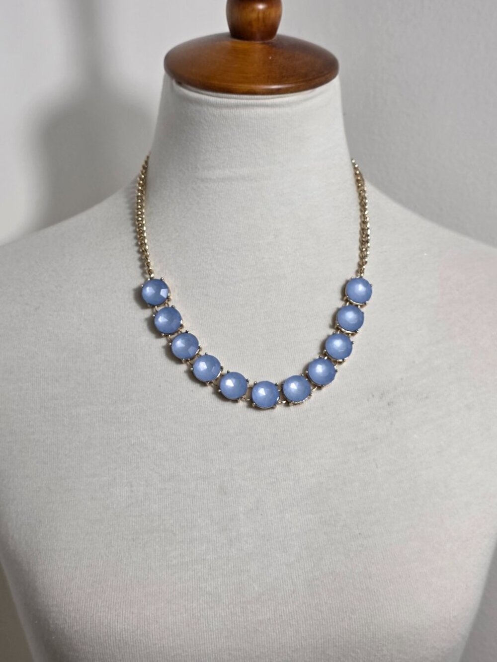 Gold Stone Collar Statement Necklace Round Sky Blue Stones in Prong Setting
